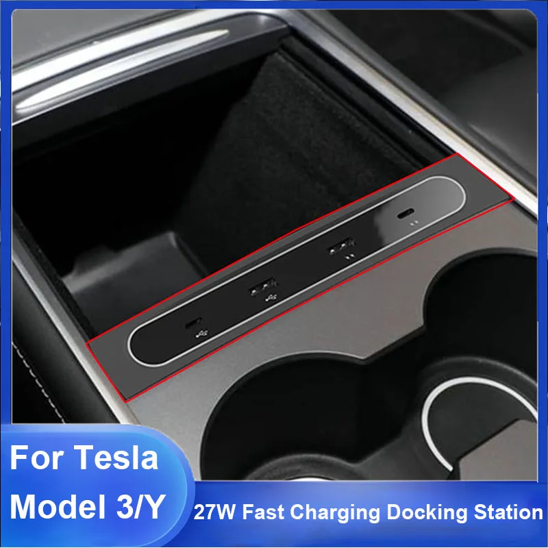 

For Tesla Model 3/Y 4-Port USB Hub Shunt Extender Docking Station 27W Fast Charging Splitter Glovebox Electric Vehicle Accessory