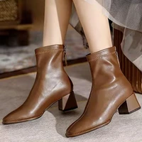 2022 autumn new fashion pu leather back zipper square head womens ankle boots mid heel square head womens chelsea casual boots