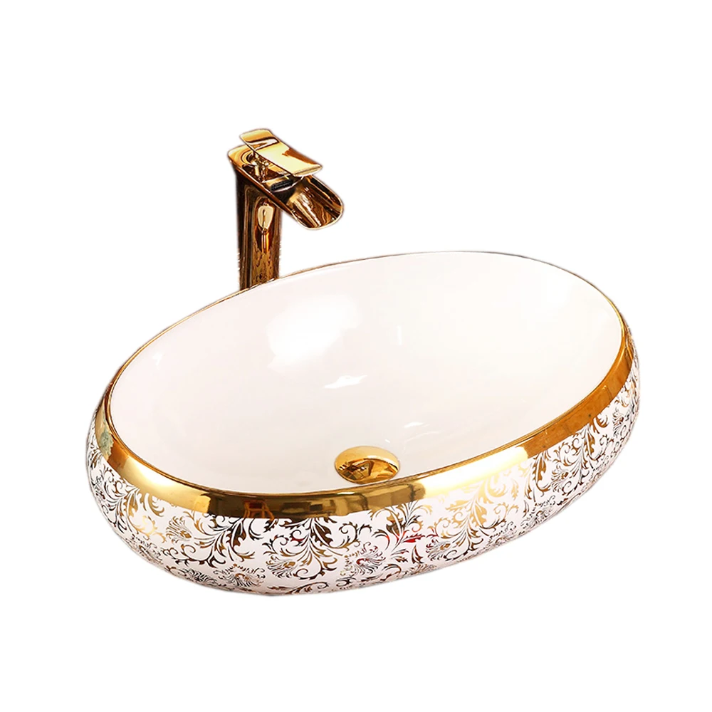 

Modern plating patter basin above mounted hand wash ceramic golden sink
