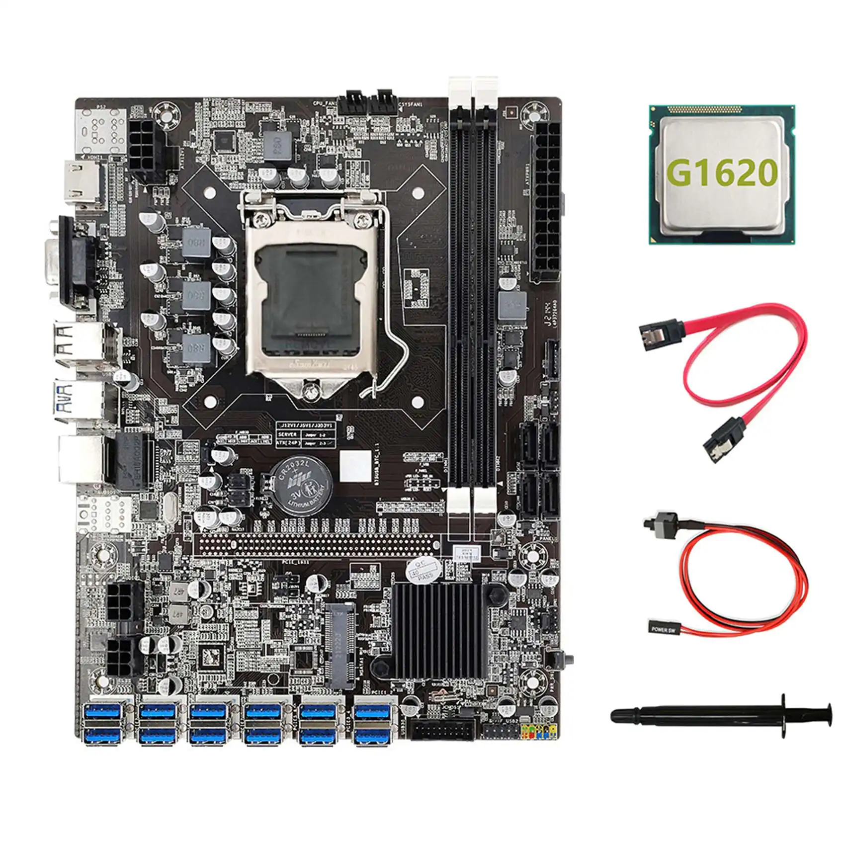 B75 ETH Miner Motherboard 12 PCIE to USB3.0+G1620 CPU+Thermal Grease+SATA Cable+Switch Cable DDR3 LGA1155 Motherboard