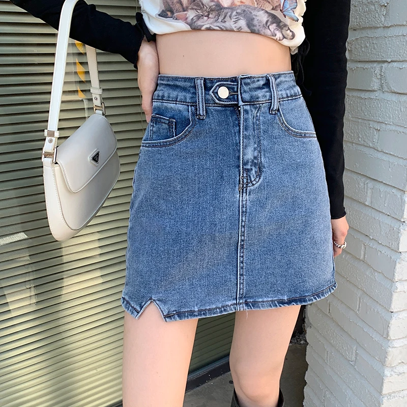 Denim Skirt Women's Summer Blue High Waist Jeans Shorts Casual Slim Versatile Split Wrap Hip A-line Short Skirt