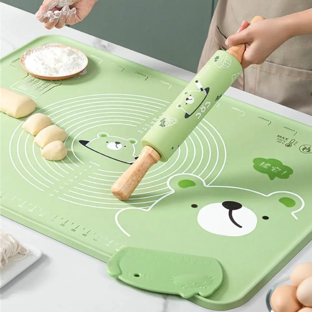 

Rolling Pin Simple Operation Non-stick Handle Smooth Surface Baking Cartoon Print Silicone Flour Dough Roller Kitchen Supplies