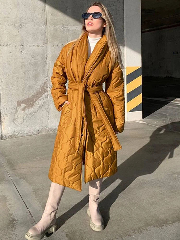 Casual Warm Lace Up Women Overcoat Parkas 2022 Autumn Winter Loose Long Solid Female Jackets Fashion Commuter Coats with Belt