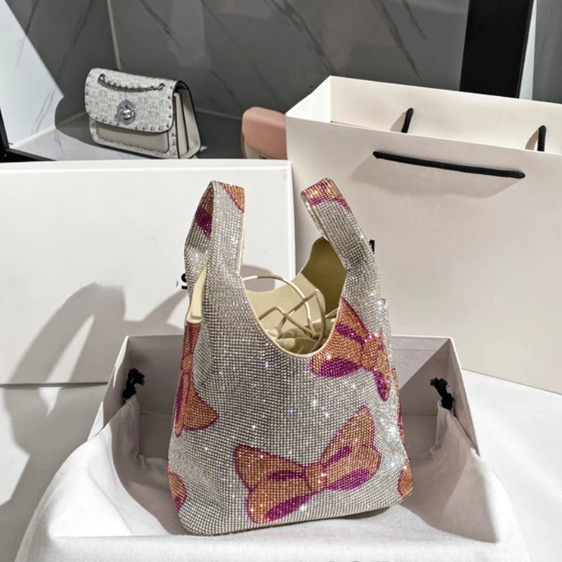 Rhinestone Bow Mini Bag Bucket Bow Ita Bag New Pink Women Handbag Tote Small Ladies Sling Bag Crossbody Messenger Bolso Mujer