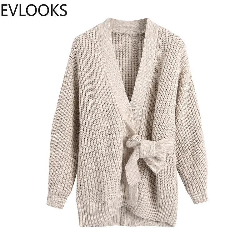 

EVLOOKS 2022 Autumn New Women's Clothing Style V-neck Bow Double Knitted Sweater Coat Korean Fashion Thick Vintage De Mujer