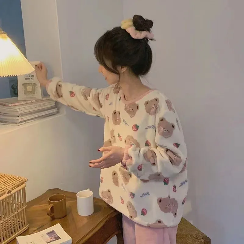 New 2022 Autumn Winter Warm Flannel Women Pyjamas Sets Thick Coral Velvet Long Sleeve Cartoon Sleepwear Girl Flannel Pajamas Set