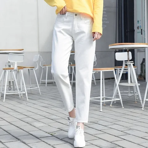 White Jeans for Women High Waist Harem Mom Jeans Spring Autumn Fale Women Jeans Streetwear New Black Denim Pants Beige Blue