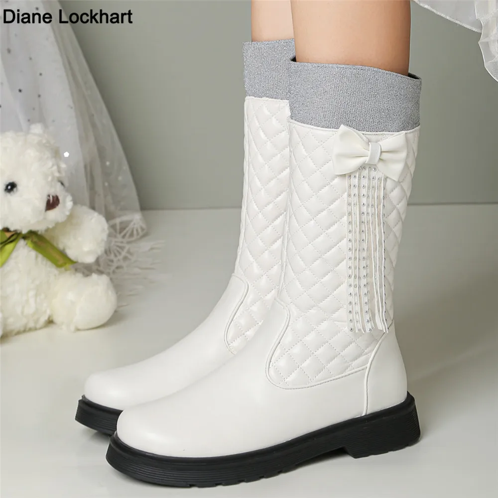

Autumn Winter White Women Mid-Calf Boots Fashion Boots Ladies Round Toe Side Zip Tassel Flats Girls Snow Boots size 33-43