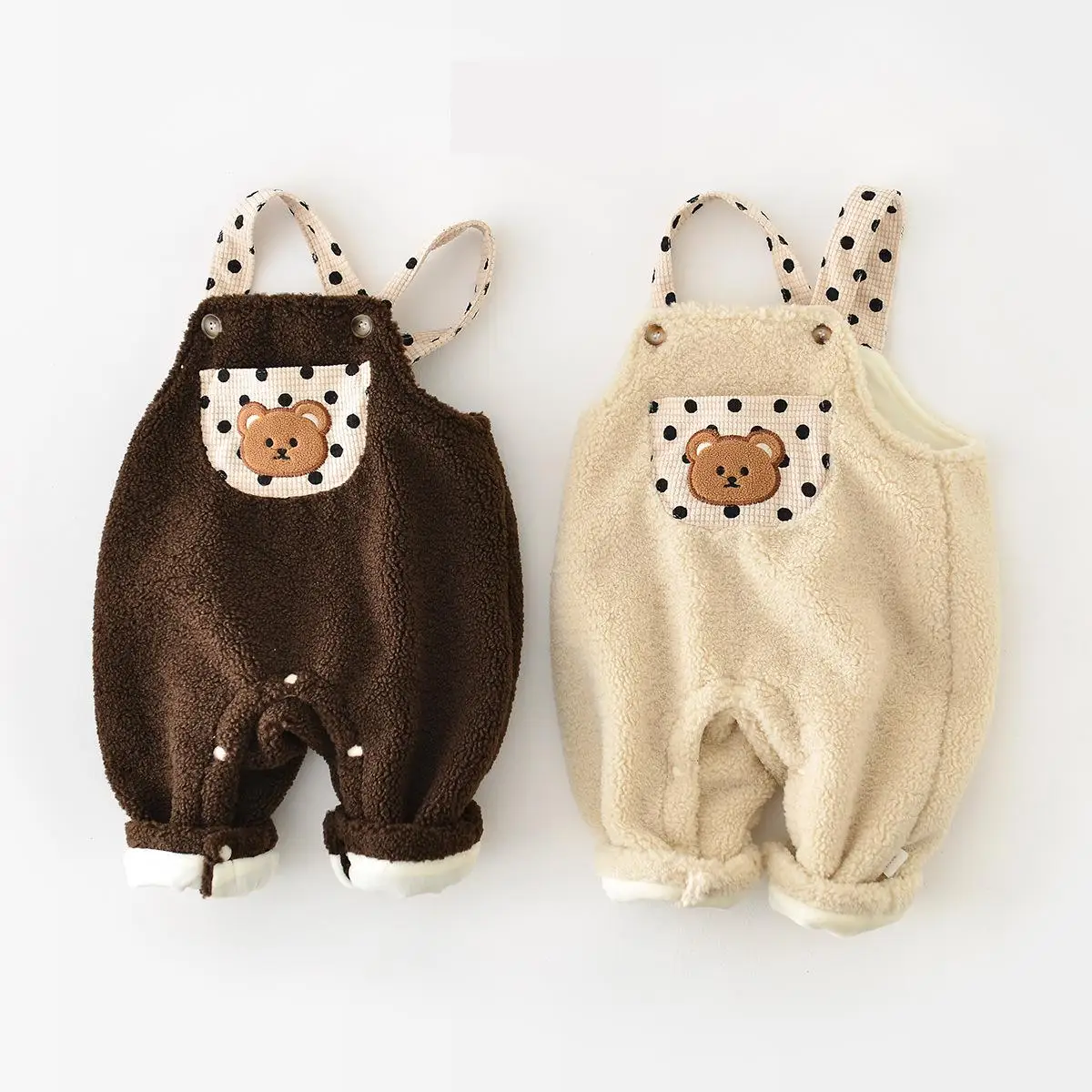 

Newborn Infant Autumn Winter Plus Velvet Thicken Overalls Boy Baby Cartoon Bear Pocket Suspenders Jumpsuit Girl Children Pants