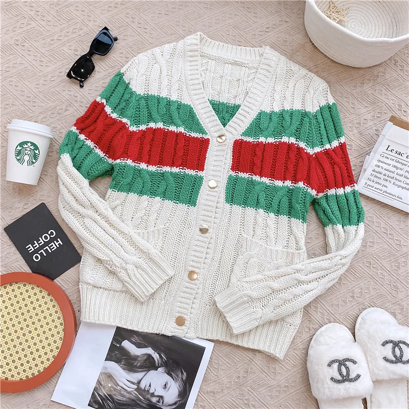 

Autumn Winter Women Knit Cardigan Contrast Color Striped Cashmere Sweater Jacket Twist Long Coat Knitwear Outwear Pockets H539