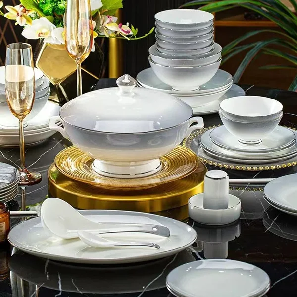 

Light Luxury Phnom Penh Gradual Grey Bone Porcelain Tableware Set Household Bowl and Plate Combination