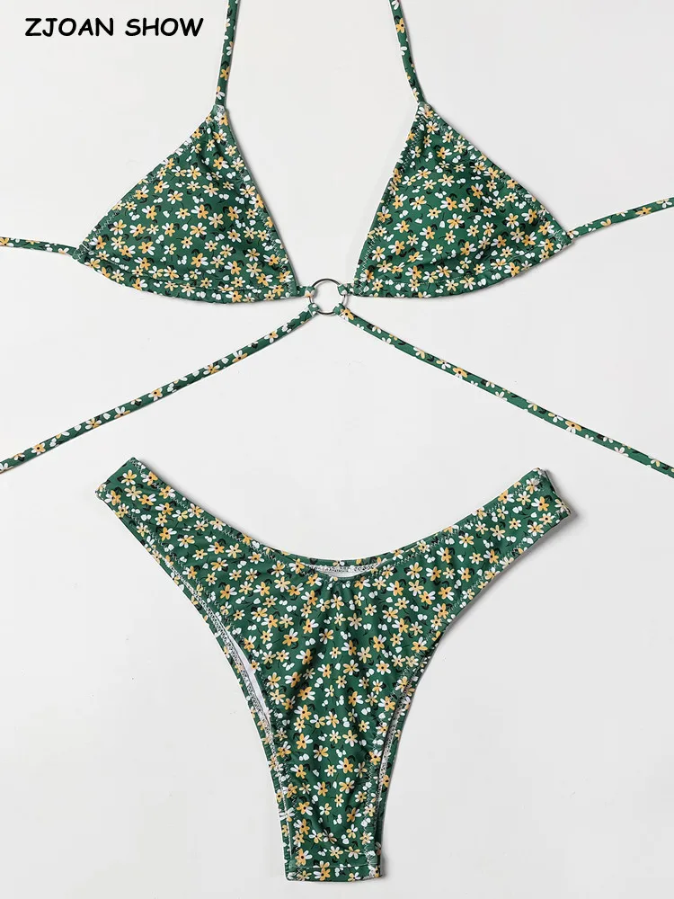 

Пляжный комплект, сексуальный зеленый цветочный принт, со шнуровкой, женский купальник, микро бикини, бразильский летний купальный костюм