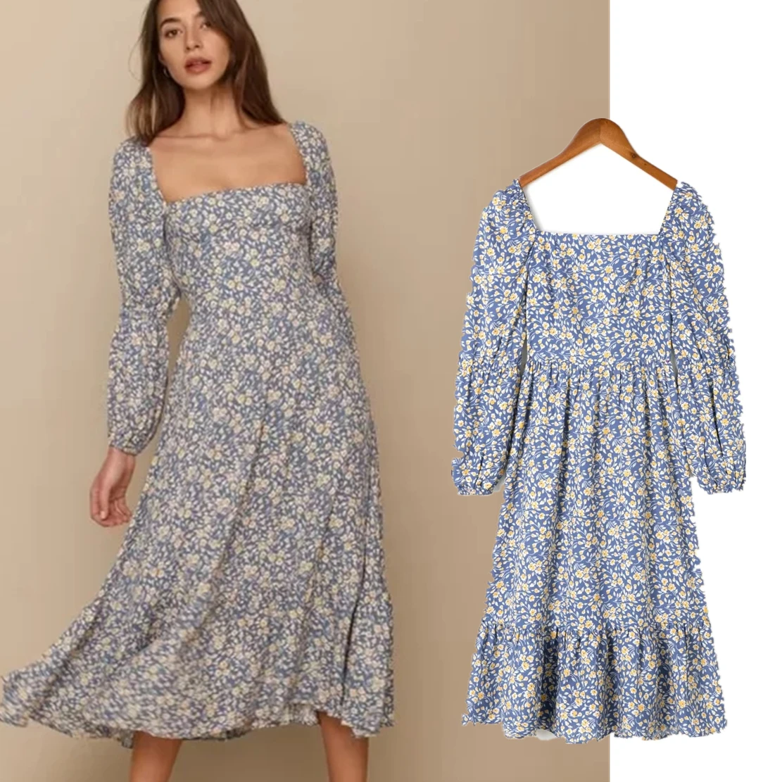 

Maxdutti Print Fashion Elegant Maxi Dress Women Ins Fashion Blogger French Vintage Square Collar Floral Dress