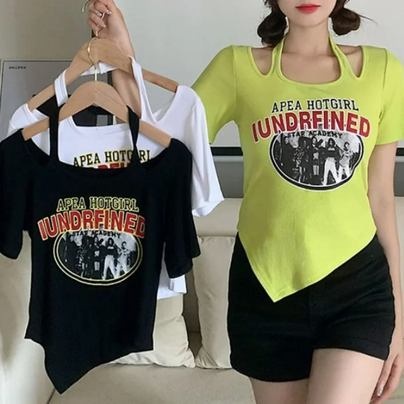 

O Neck Halter Short Sleeve All-match Crop Top Letter Chic Print Irregular Women T-shirts Y2k Clothes Large Size Loose Tees