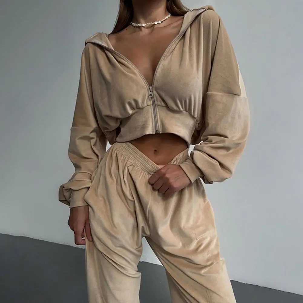 

2 Pcs/Set Hooded Short Coat Keep Warm Ankle-banded Lady Coat Trousers Suit Women Coat Pants Set for Daily Wear