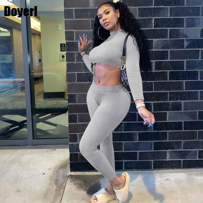 

Ribbed Two Piece Set Women Crop Top and Bodycon Pants Set Tracksuit Fall Clothes for Women Solid Fashion Sexy Club Outfits 2022
