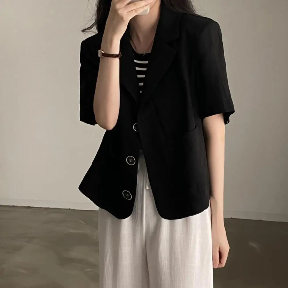 

Ol Style Stylish Women's Business Solid Color Single-breasted Short Sleeve Coat with Patch Pockets for Formal Ol Commute Loose
