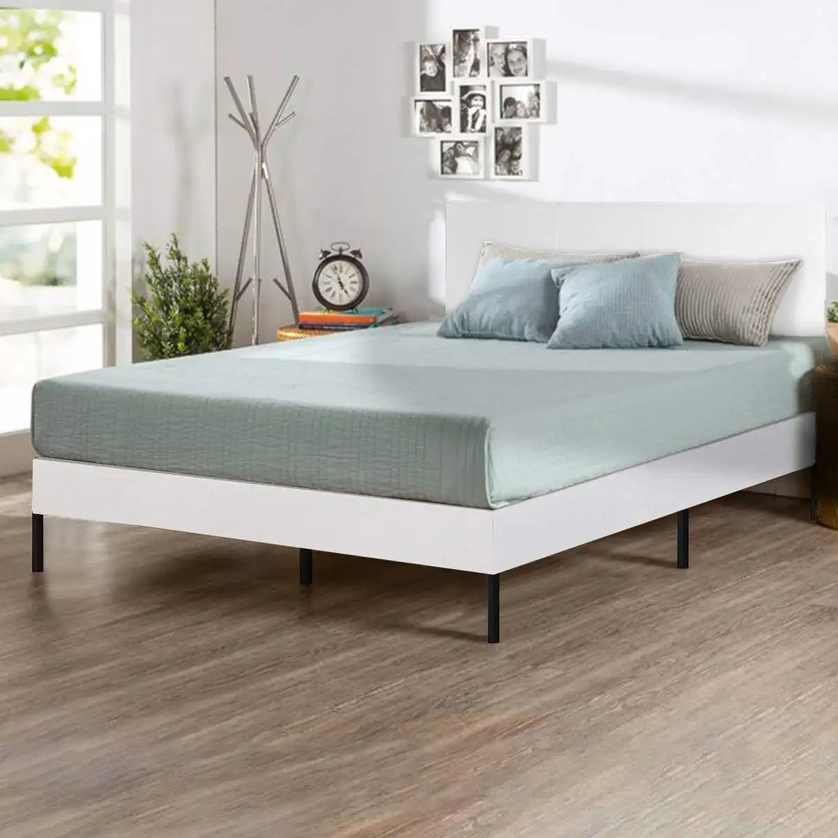 

Queen Bed Frame PU Leather Upholstered Platform Frame No Box Spring Needed Strong Wooden Slats Anti Slip Support Easy Assembly