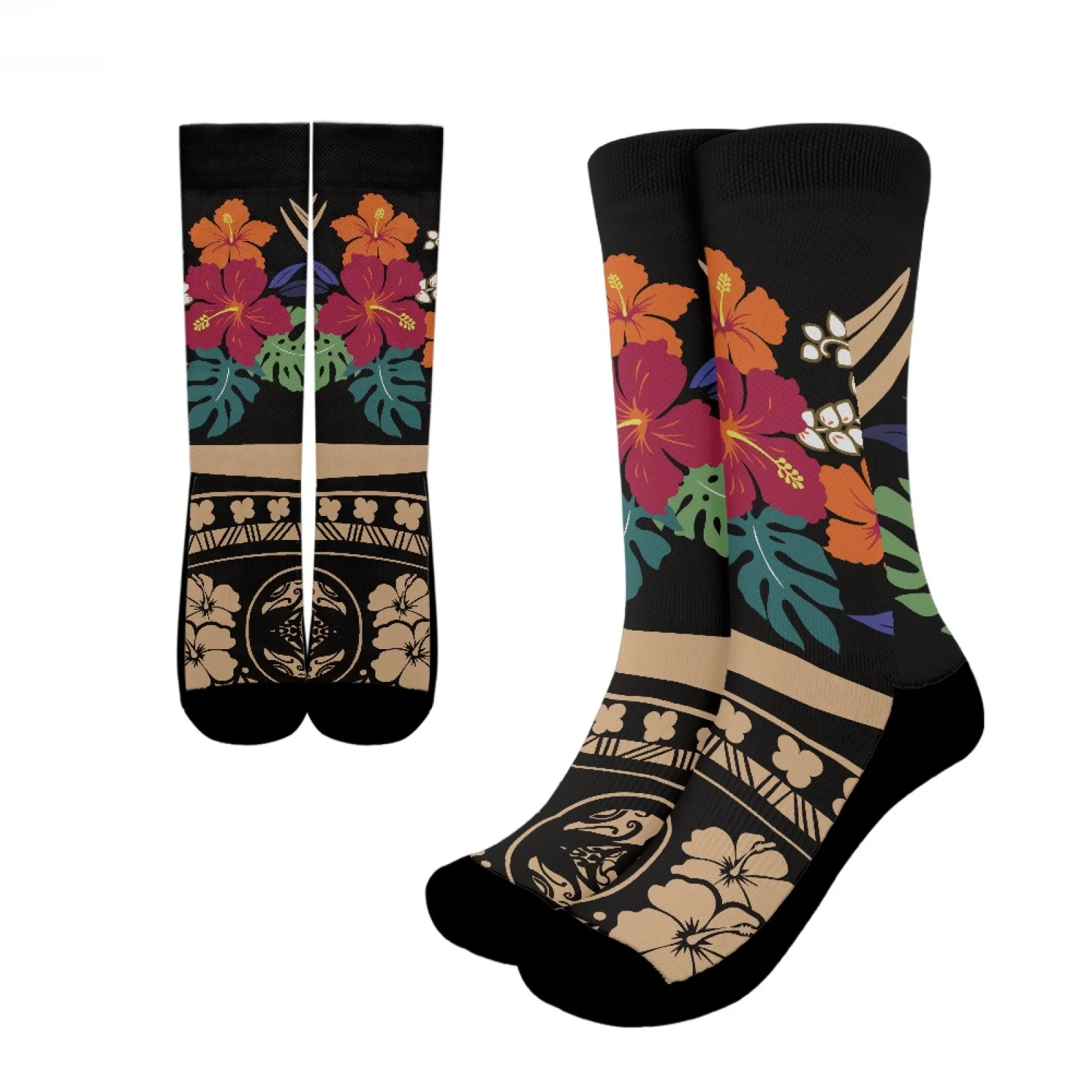 

Polynesian Tribal Samoan Totem Tattoo Samoa Prints Skin-Friendly Breathable Polyester Hibiscus Sports Socks Casual Running Socks