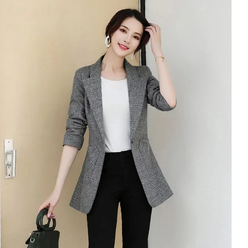 Woolen Jacket Ladies Slim Casual Wool Blazer Single Breasted Coat 2023 Oversized Women Autumn Winter Vintage Women Plaid Suit