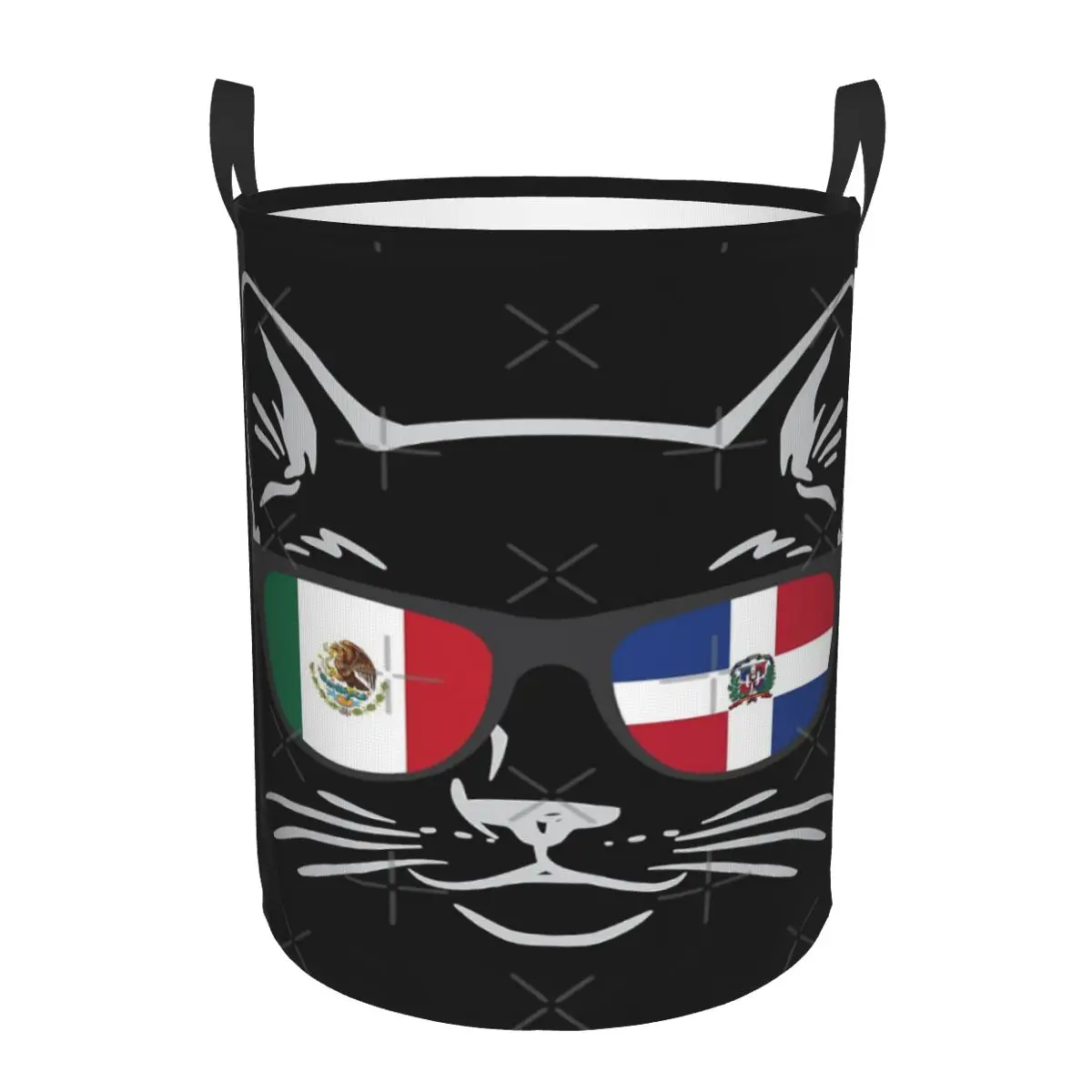 

Dominican And Half Mexican Flag, Cat With Sunglasses Circular hamper,Storage Basket With Two handles bathroomsStorage of clothes
