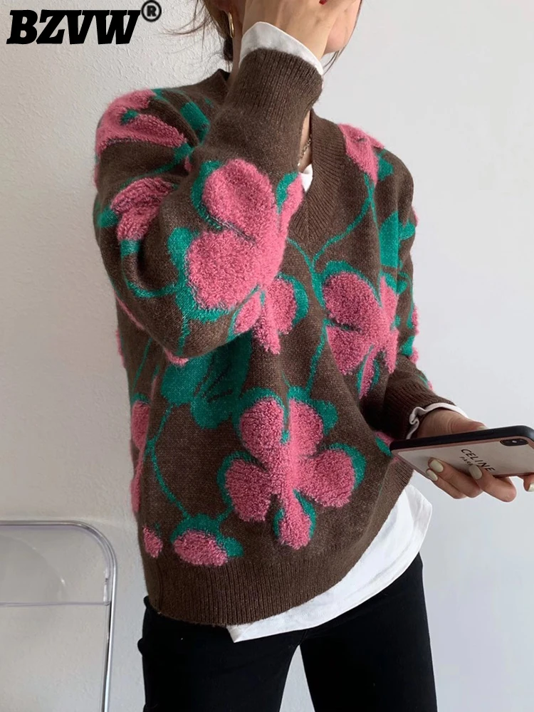 

BZVW Vintage Temperament Floral V-neck Pullover Sweater Women's Clothing 2023 Autumn Winter Fashion New Trend Top Female 25X2212