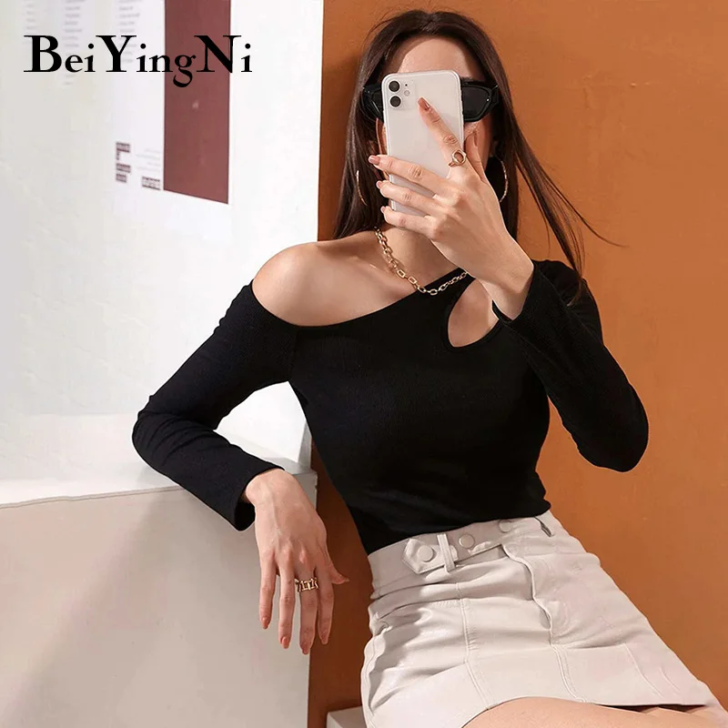

Женская Асимметричная футболка Beiyingni с длинным рукавом и диагональным воротником, черные женские топы, осенне-зимний Повседневный сексуаль...