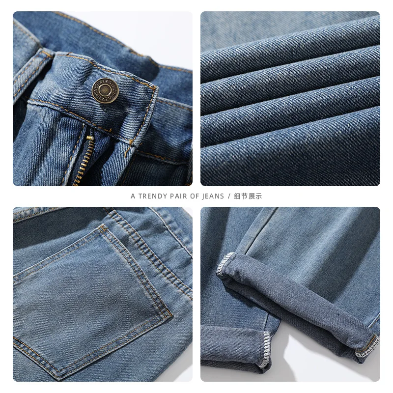 European and American Men's Trend Jeans Ins Trend Loose Straight Nine Points Wide Leg Trousers Streetwear Ins Hot Selling Denim