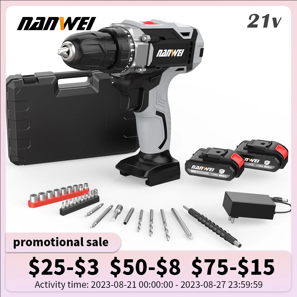 NANWEI handheld electric drill home rechargeable tools lithium-ion multifunctional impact pistol drill electric screwdriver