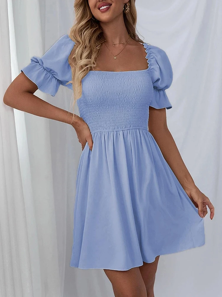 

Женское повседневное простое однотонное платье с квадратным вырезом, летние модные плиссированные платья с рукавом в виде листьев лотоса, ...