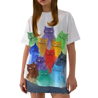 summer new womens clothing pure white painted cat ladies casual short sleeved t shirt