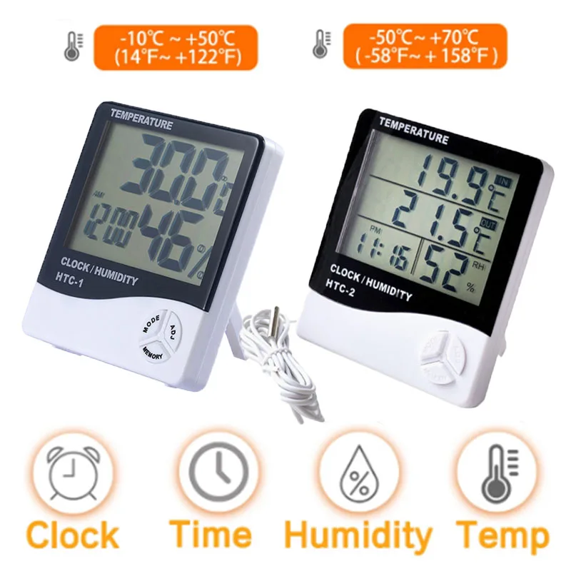 

LCD Electronic Digital Temperature Humidity Meter Indoor Outdoor Thermometer Hygrometer Weather Station Clock HTC-1 HTC-2