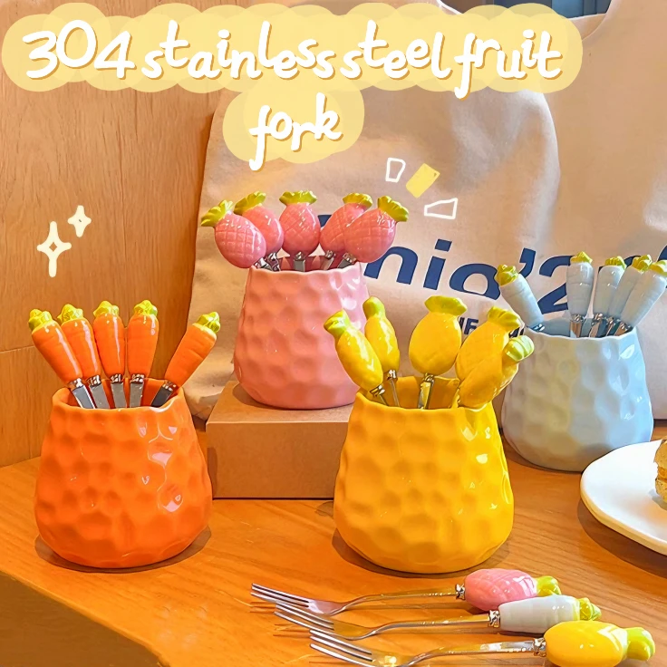 

YHB 6pcs Cute Ceramic Jar Fruit Forks Set SUS304 Stainless Steel Cake Forks Home Party Dessert Forks Cute Storage Jar Tableware