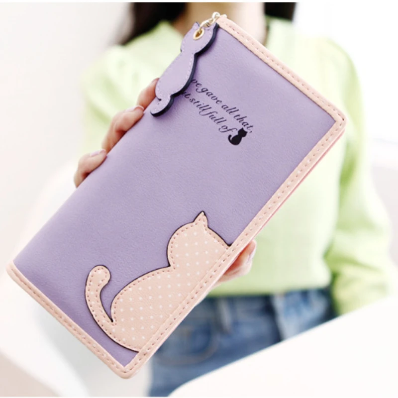 Long Women's Purse Cute Cat Pendant Student Zipper Money Clip Multi-card Slot ID Handheld Bag Girls' Wallet