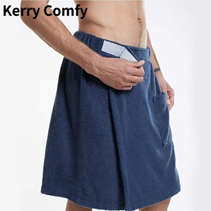 

Men Soft Bathrobes Comfortable Home Towels Bathroom Solid Quick-Dry Bath Dress and Nightgown Wearable Bath Towel with Pocket