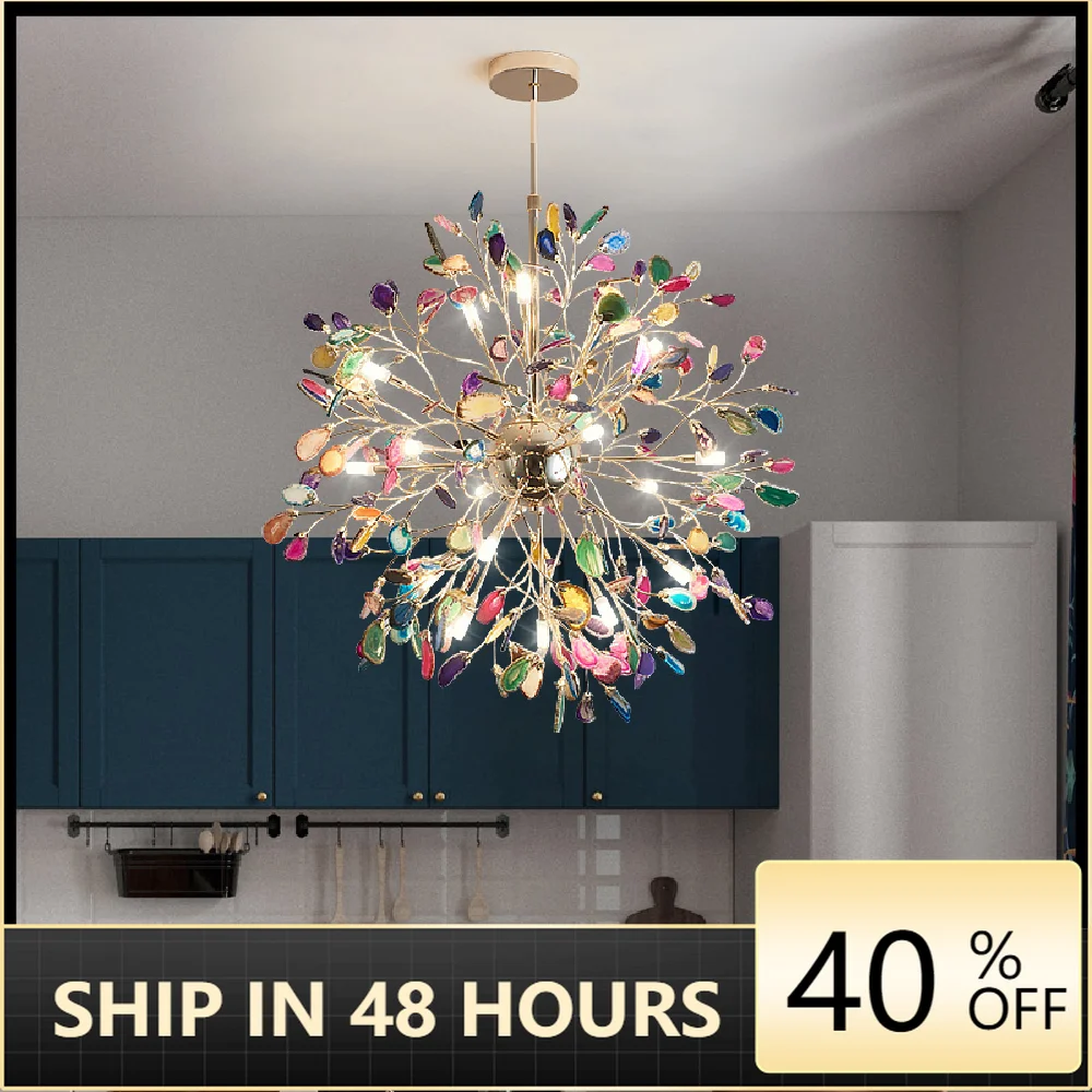 

2021 New Plated Globe LED chandelier agate blue/green/purple/pink agate chandelier for bedroom living room kitchen dining foyer