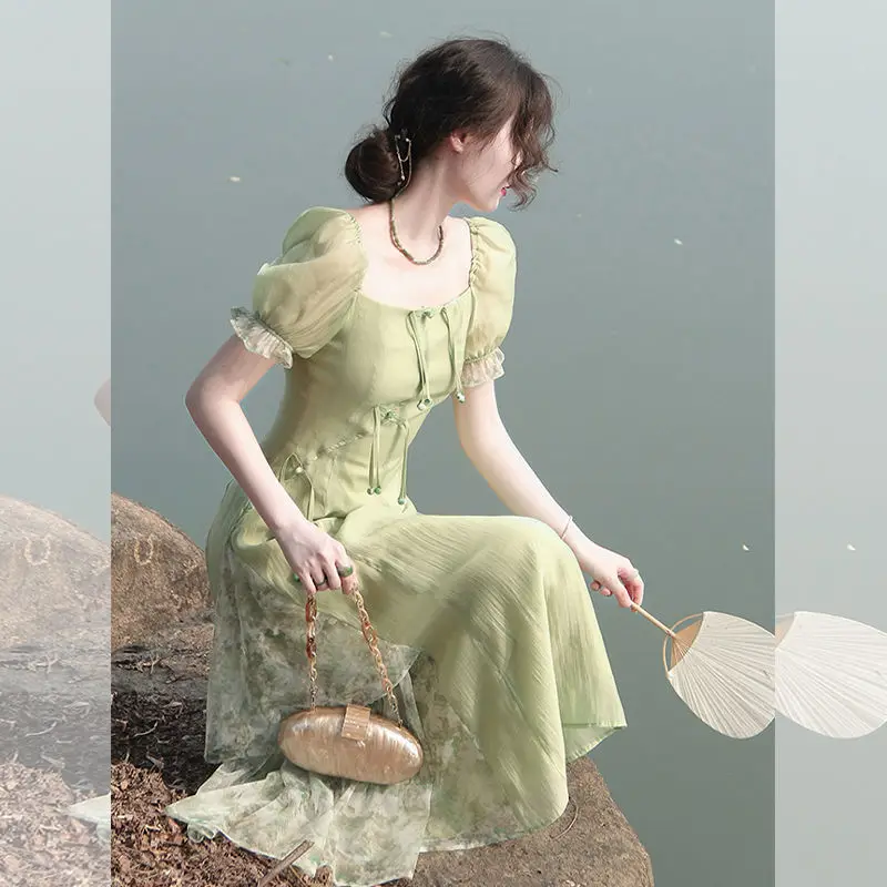 

Puff Sleeve Green Long Vintage Dress for Women Summer Elegant Midi Dress Maxi Clothes Birthday Evening Clothing Korean Fashion