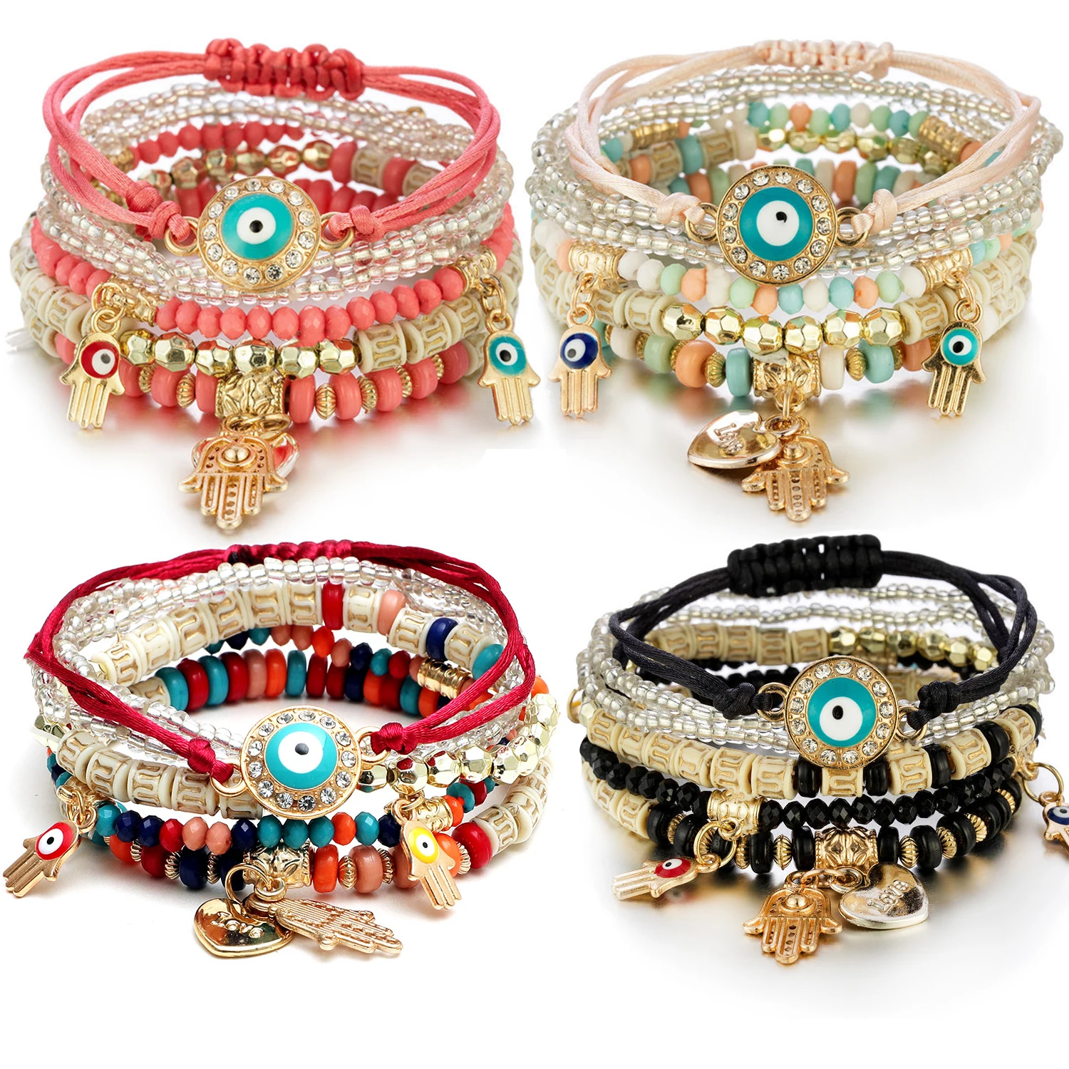 

Trend Bohemia Ethnic Style Palm Beaded Bracelet Accessories Heart-Shaped Pendant High Quality Zircon Multi-Layer Bangle Jewelry