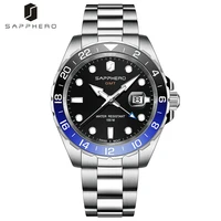 sapphero man watch gmt swiss movement luxury wristwatch 100m waterproof stainless steel date men business watch for man
