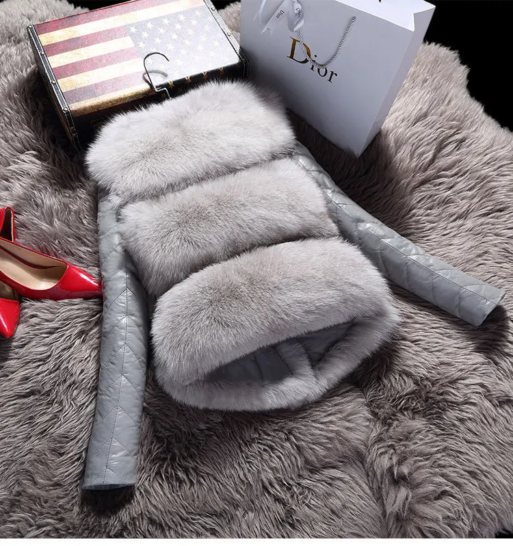 Winter imitation fox fur stitching jacket short women's disassembled long-sleeved vest large size slimming