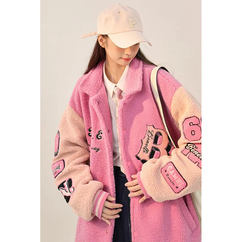 

Розовая куртка-бомбер из овечьей шерсти с вышивкой, новинка, свободное плотное хлопковое пальто в стиле преппи, пальто с лацканами на осень и зиму, Трендовое хлопковое пальто