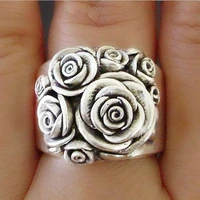 vintage silver color rose flower ring for women fashion metal engagement party punk ring jewelry