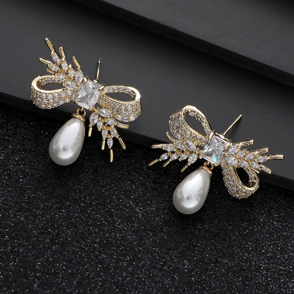 

Luxury Bowknot Luxury Pearl Wheat Stud Earrings For Women Wedding Cubic Zircon Crystal African Dubai Bridal Earring A0217