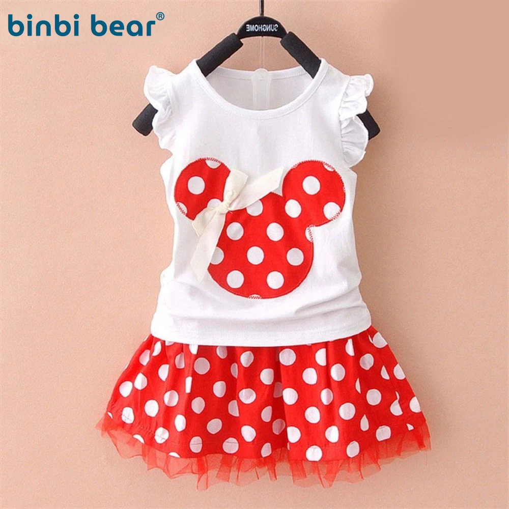 

New 2022 T-shirt Skirt Baby Child Suit 2 Pieces Fashion Girls Clothing Sets Minnie Children's Clothes Bowknot Shirt Dress 2-10T