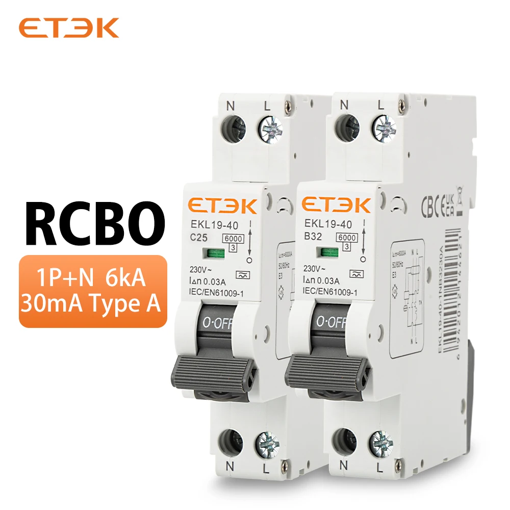 

ETEK RCBO Автоматический выключатель остаточного типа A 6KA 1P+N 2P 16a 20a Curve CW с защитой от утечки перегрузки по току 30 мА EKL9-40