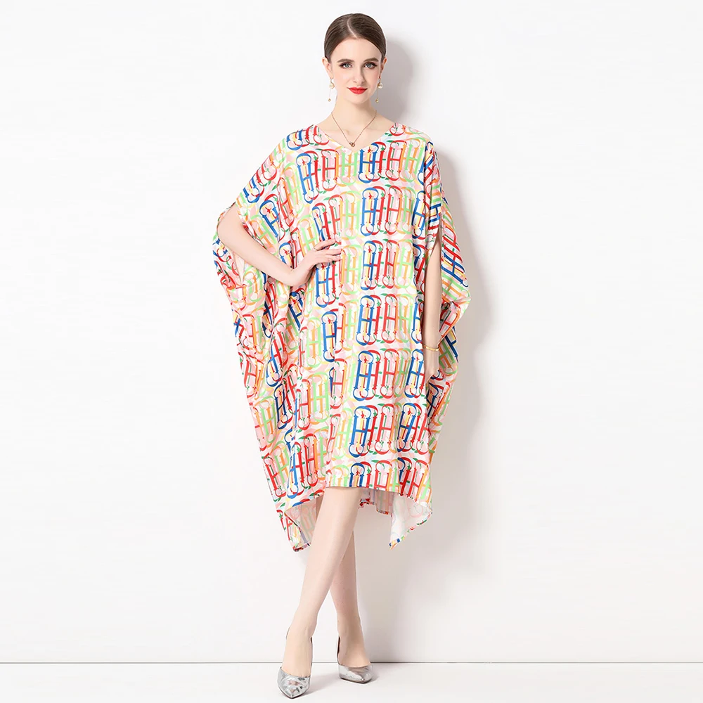 

Vintage Muslim Dress Summer Runway Women Fashion Letter Printed Batwing Sleeve Irregular Loose Robe Islamic Clothing M3948