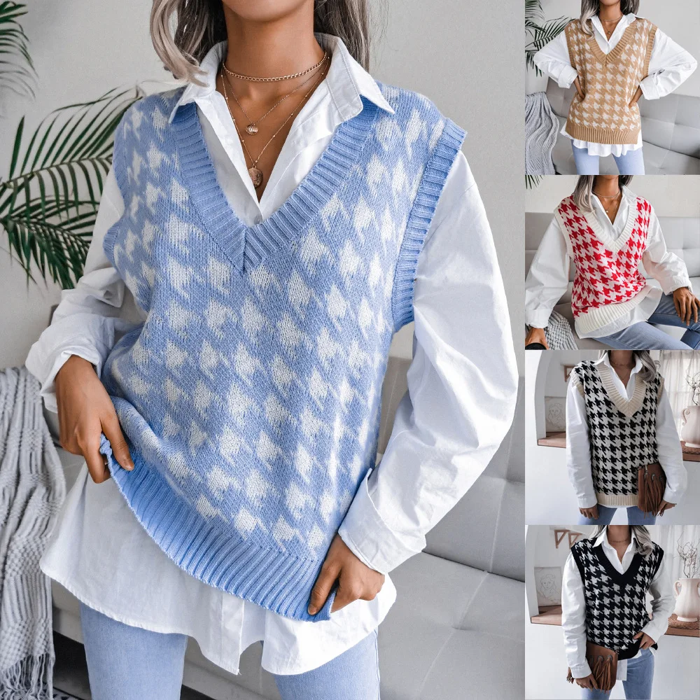 

Bmissingyou V-neck Houndstooth Knitted Vest Sweater Casual Loose Ladies Sweater Top Sleeveless colete feminino 2022