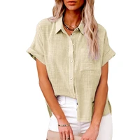 woman midi blouses 2022 summer urban casual flax solid top fashion loose cardigan pocket lapel short sleeve womens wild shirt