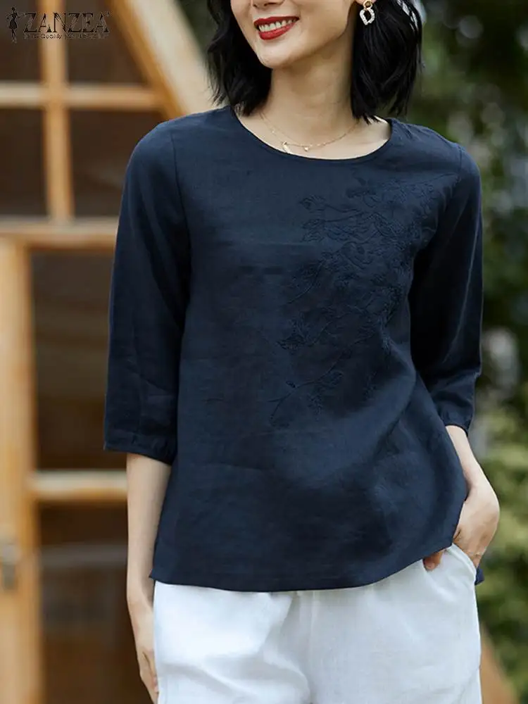

Винтажная блузка с цветочной вышивкой, осенняя элегантная рубашка 2023 ZANZEA, женские блузы с круглым вырезом и рукавом 3/4, женские повседневные свободные топы для работы