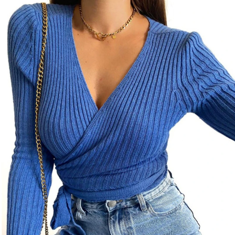 

Female T Shirts Sexy V Neck Knitwear Top Wrap Blouse Solid Color Long Sleeve Slim Ribbed Knitwear Top 2022 all-match t-shirt